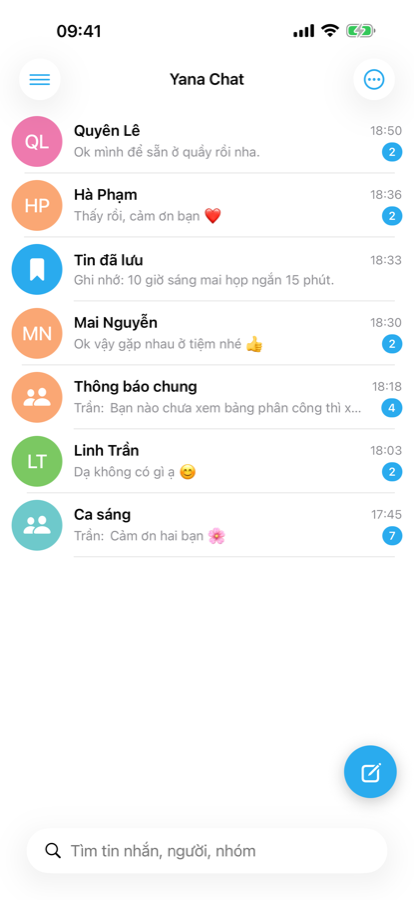 Danh sách khung chat trong Yana Chat