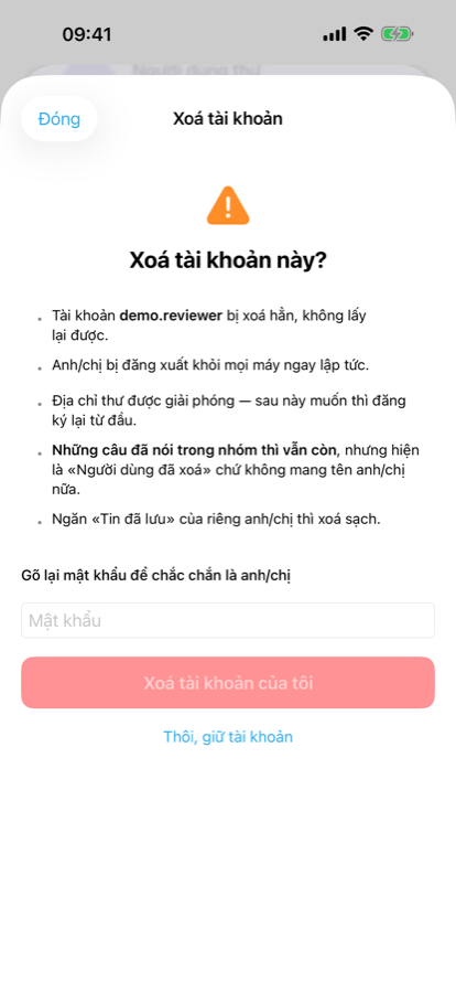 Màn xoá tài khoản trong Yana Chat